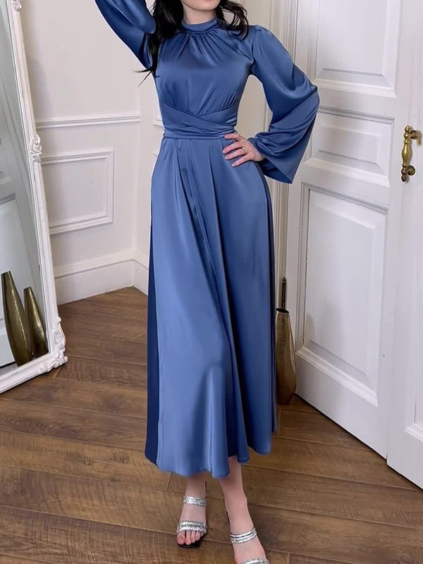 Long Sleeves Loose Pleated Solid Color Tied Waist Mock Neck Maxi Dresses