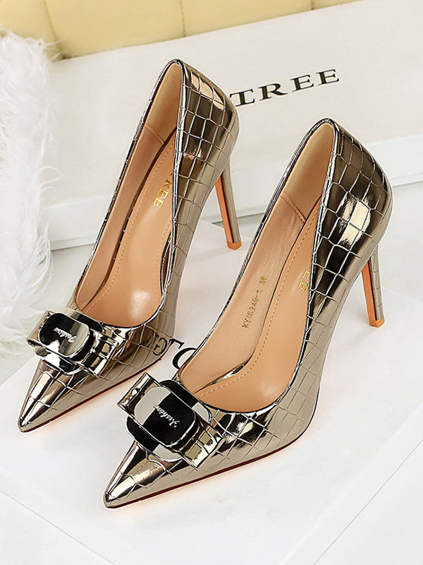 Belt Buckle Pointed-Toe Shiny Split-Joint Pumps