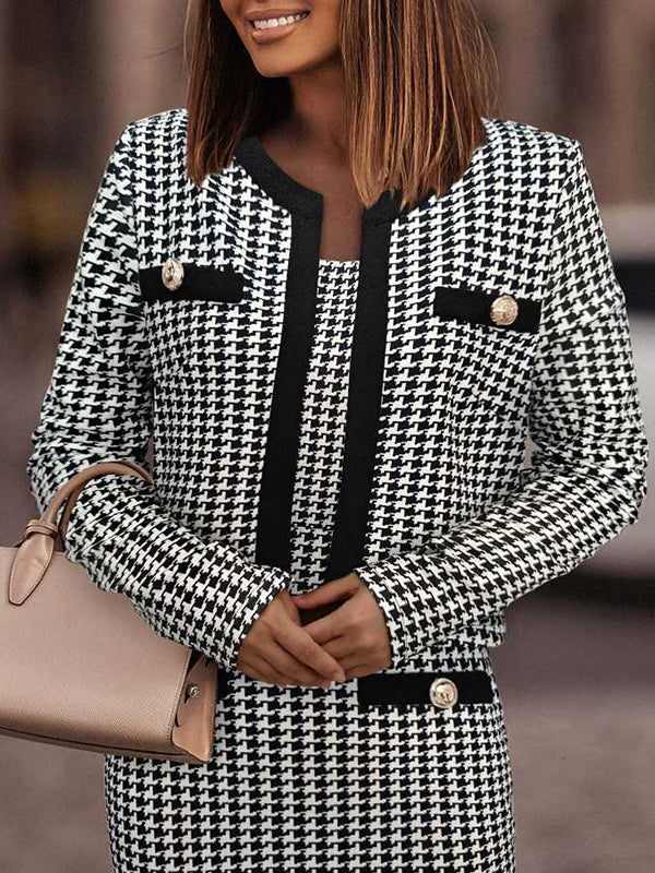 Long Sleeves Buttoned Plaid Round-Neck Outerwear + Midi Dresses Two Pieces Set