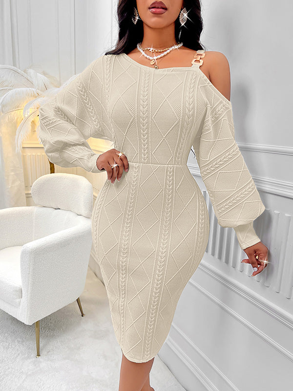 Bodycon Long Sleeves Solid Color Split-Joint Cold Shoulder Midi Dresses