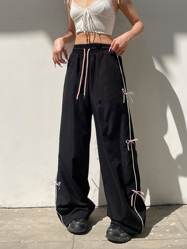 Loose Wide Leg Bowknot Drawstring Elasticity Split-Joint Pants Trousers