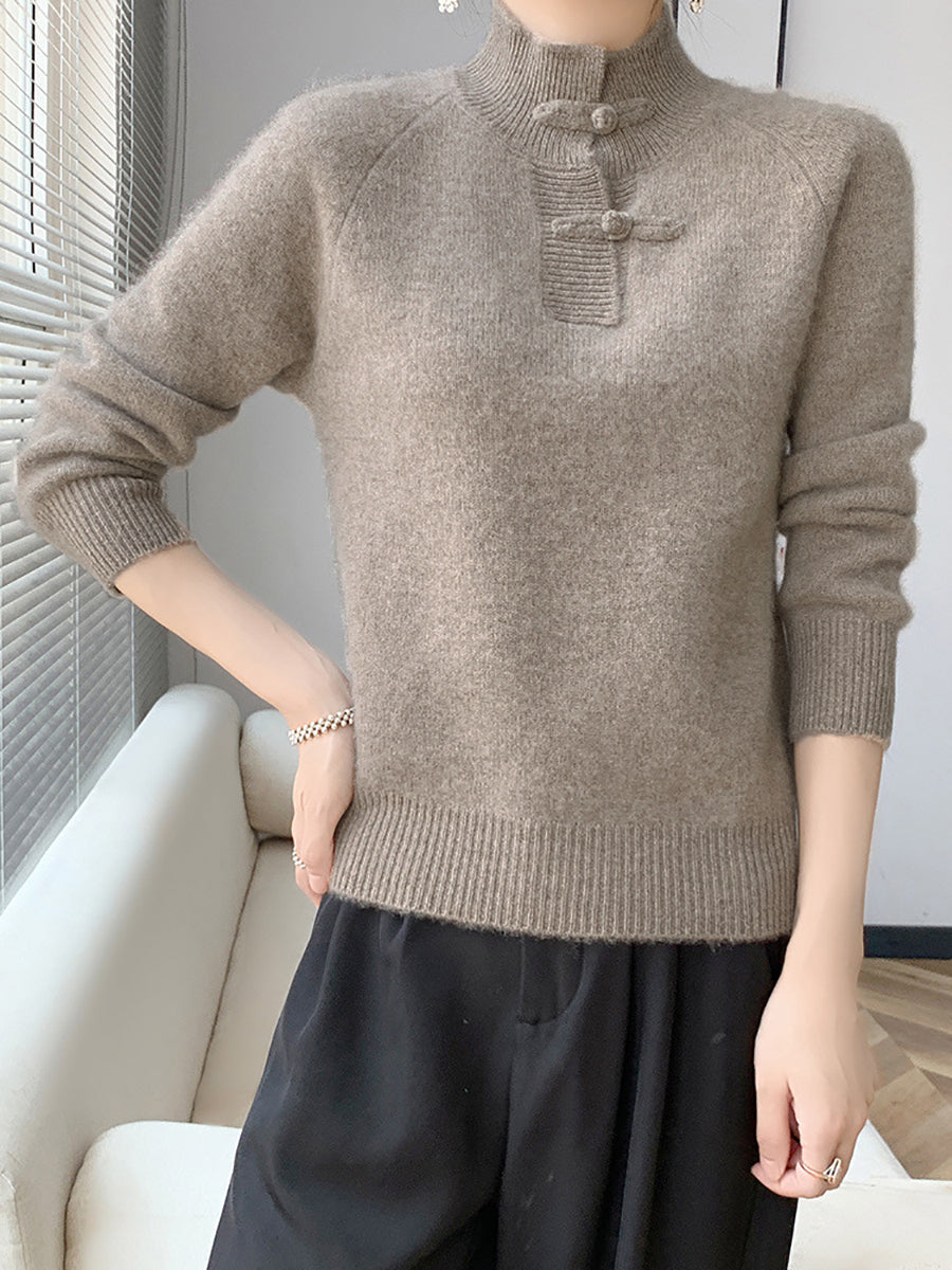 Women Retro Solid Winter Wool Half-Turtleneck Sweater