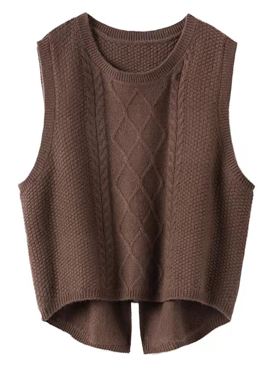 Women Retro Winter Solid Jacquard Vest