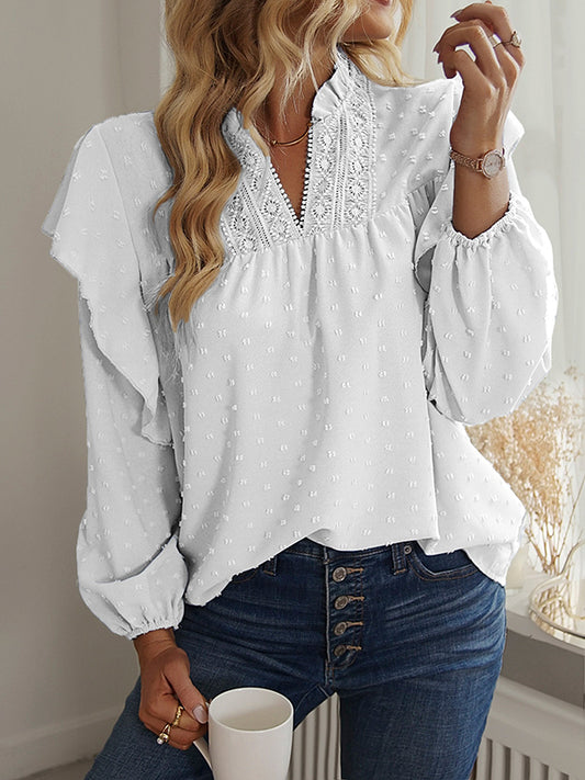 Long Sleeves Loose Elasticity Jacquard Ruffle Trim Solid Color Split-Joint V-Neck Blouses&Shirts Tops