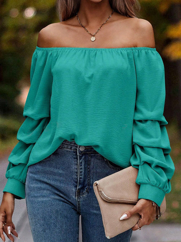 Long Sleeves Loose Elasticity Pleated Solid Color Off-The-Shoulder Blouses&Shirts Tops