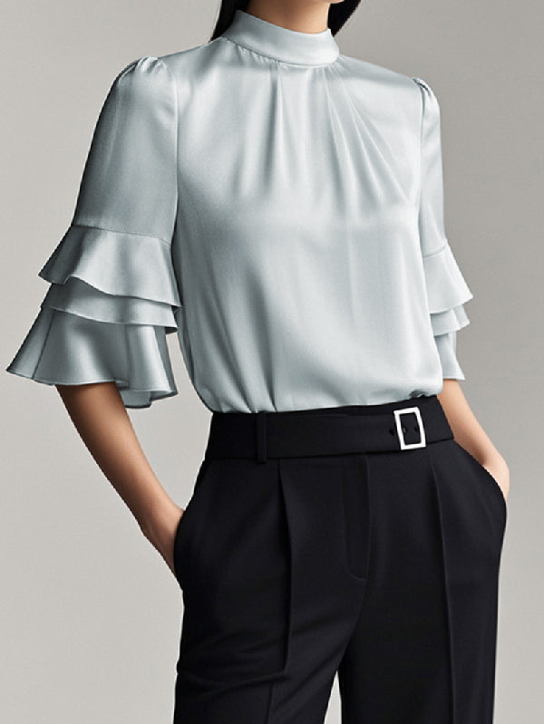 Half Sleeves Loose Layered Pleated Solid Color Split-Joint Mock Neck Blouses&Shirts Tops