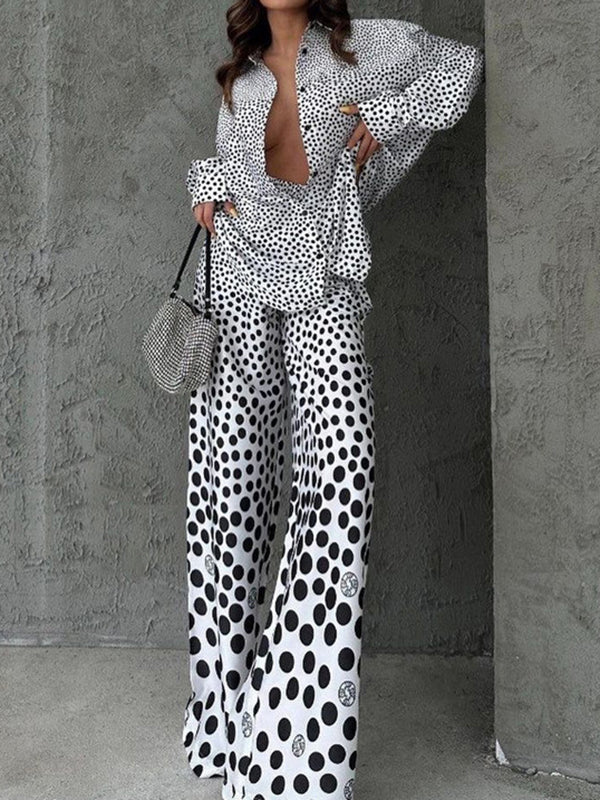 Long Sleeves Loose Buttoned Contrast Color Pockets Polka-Dot Lapel Blouses Tops + Pants Bottom Two Pieces Set