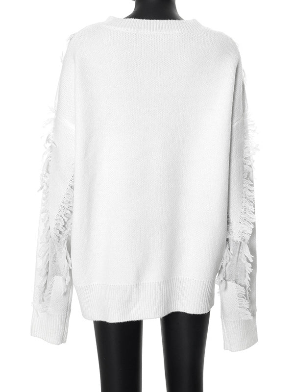 Long Sleeves Loose Solid Color Tasseled Round-Neck Pullovers Sweater Tops