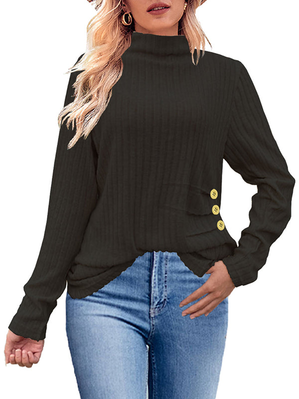 Long Sleeves Loose Buttoned Pleated Solid Color High Neck T-Shirts Tops