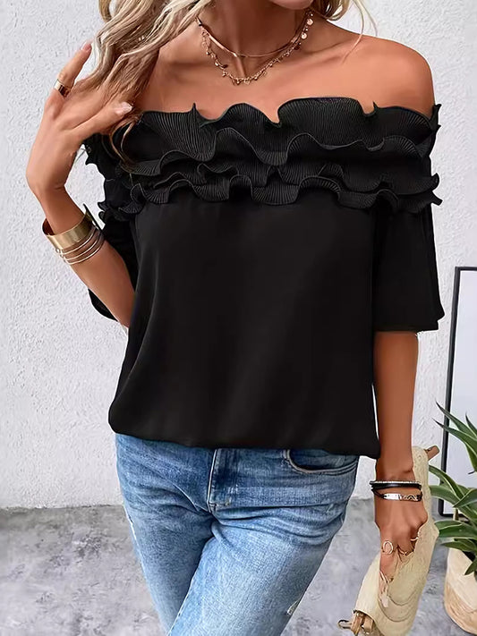 Loose Short Sleeves Pleated Solid Color Split-Joint Tiered Off-The-Shoulder T-Shirts Tops