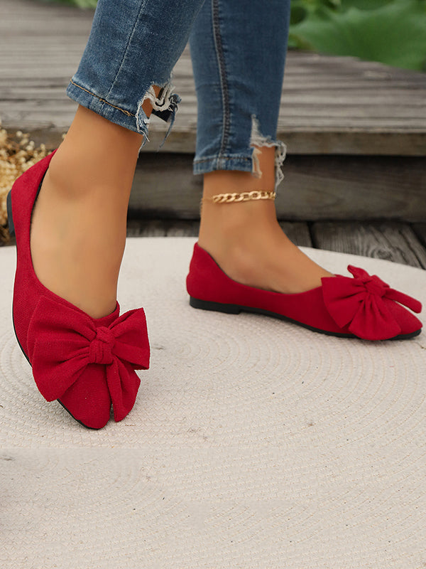 Bowknot Pleated Pointed-Toe Shallow Cut Split-Joint Flat Shoes