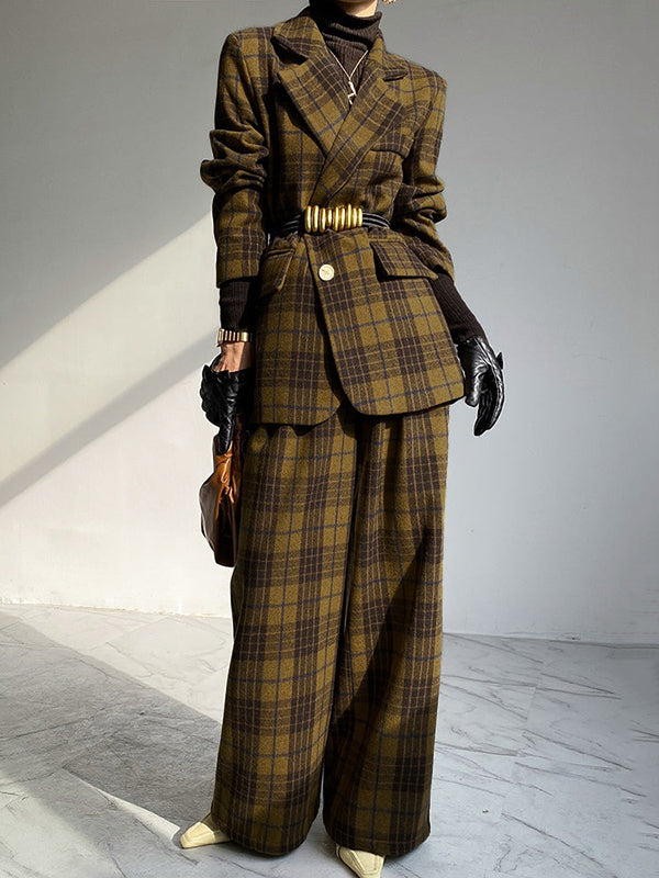 Plaid Split-Joint Lapel Jackets Woolen Coat