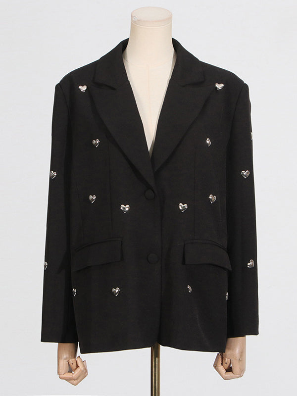 Long Sleeves Loose Buttoned Shoulder Pad Solid Color Split-Joint Notched Collar Blazer Outerwear