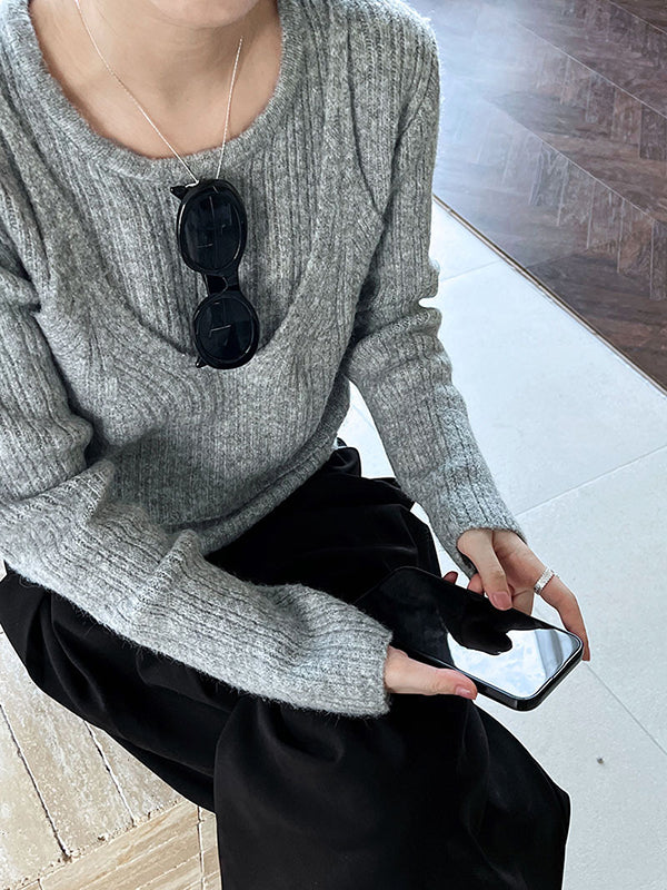 False Two Long Sleeves Solid Color Round-Neck Pullovers Sweater Tops