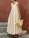 A-Line Loose Pleated Ruffle Trim Split-Joint Square-Neck Maxi Dresses