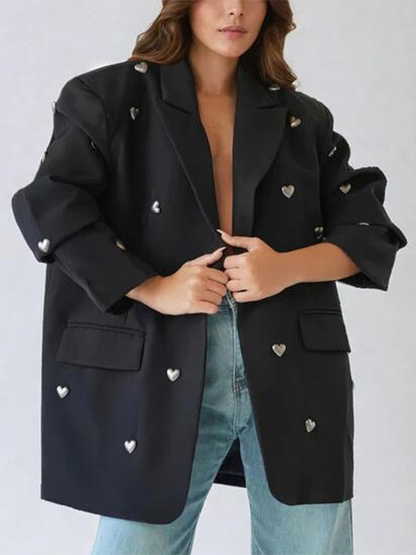 Long Sleeves Loose Buttoned Shoulder Pad Solid Color Split-Joint Notched Collar Blazer Outerwear