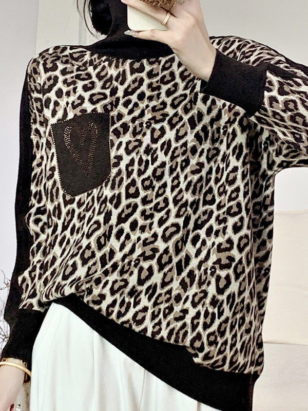 Long Sleeves Loose Leopard Split-Joint High Neck Pullovers Sweater Tops