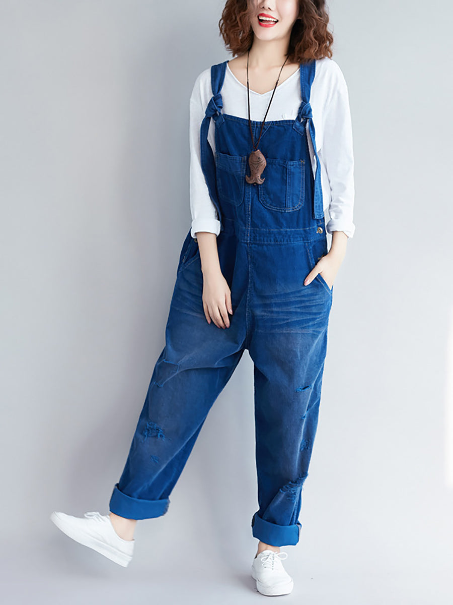 Women Retro Colorblock Autumn Denim Jumpsuits