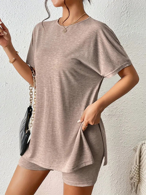 Loose Raglan Sleeve Solid Color Split-Joint Split-Side Round-Neck Pajama Sets