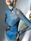 Long Sleeves Plus Size Asymmetric Hollow Mesh See-Through Wash Painting Mock Neck T-Shirts Tops