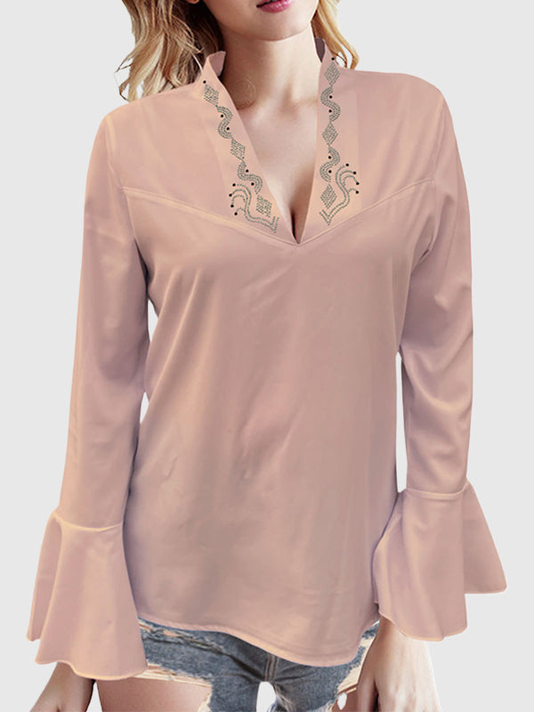 Flared Sleeves Long Sleeves Rhine Stones Solid Color V-Neck Blouses&Shirts Tops