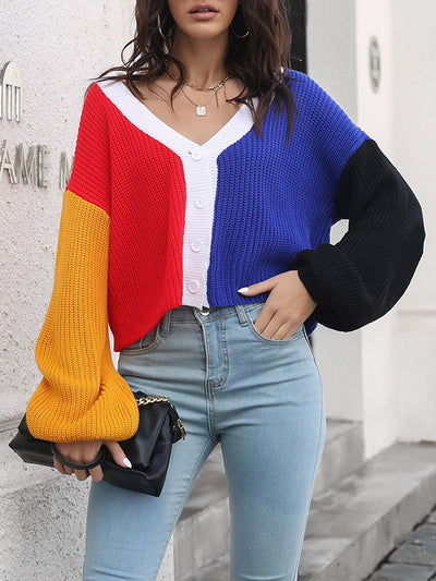 Long Sleeves Loose Contrast Color Split-Joint V-Neck Cardigan Tops