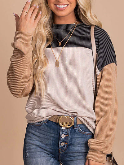 Long Sleeves Loose Contrast Color Round-Neck Sweatshirt Tops