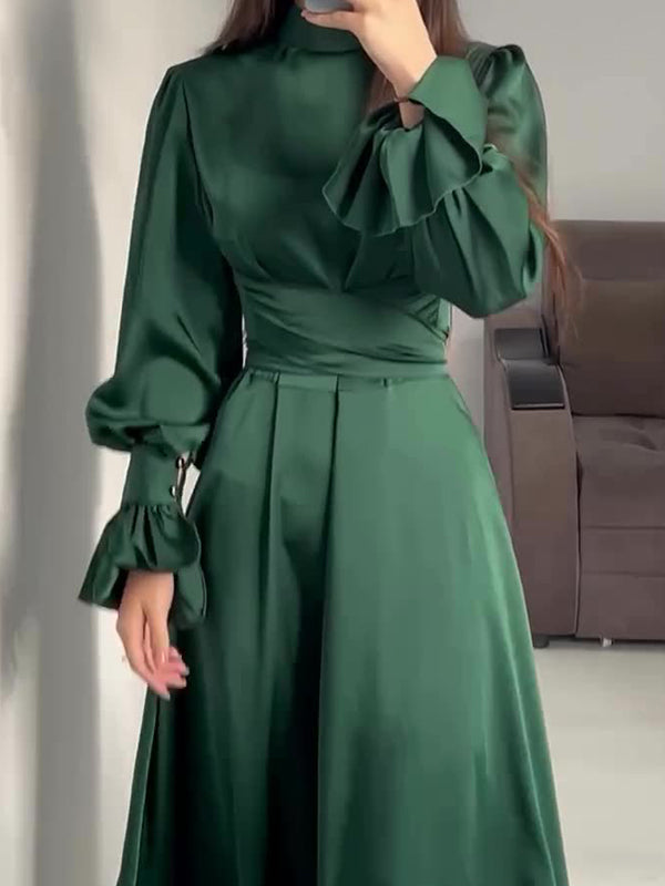 A-Line Long Sleeves Pleated Solid Color Tied Waist Zipper Mock Neck Maxi Dresses