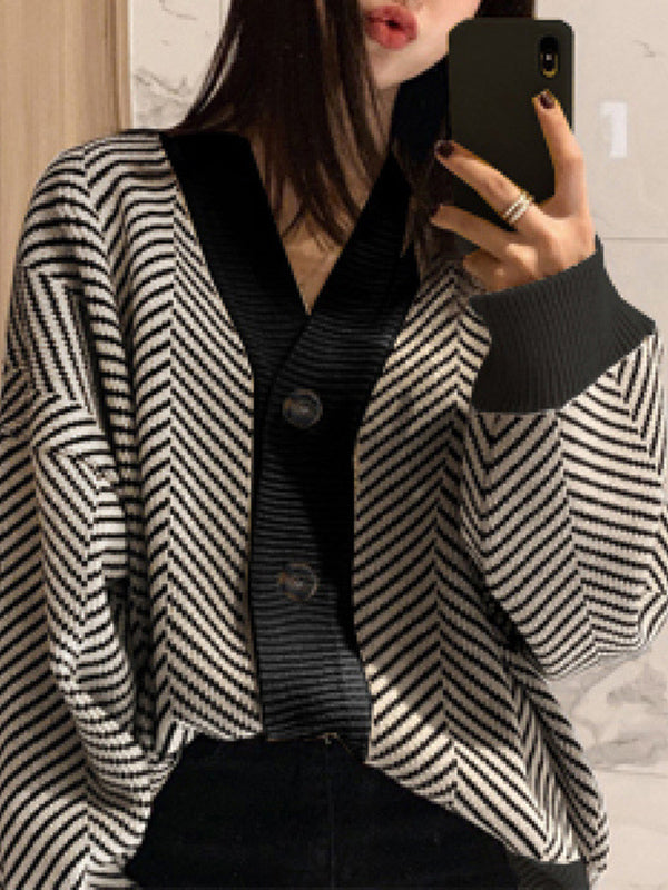 Long Sleeves Loose Buttoned Contrast Color V-Neck Cardigan Tops