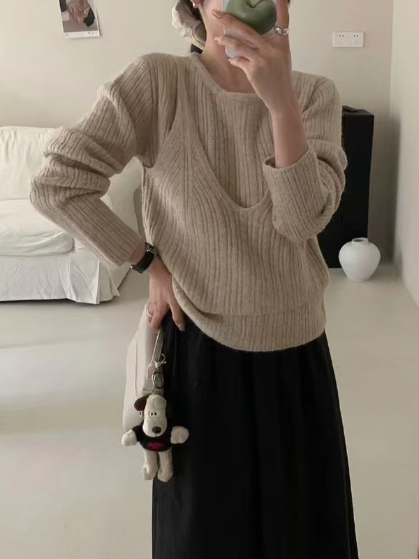 False Two Long Sleeves Solid Color Round-Neck Pullovers Sweater Tops