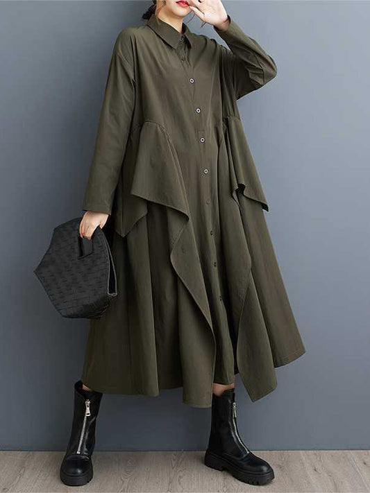 A-Line Long Sleeves Buttoned Pockets Ruffle Trim Solid Color Lapel Midi Dresses