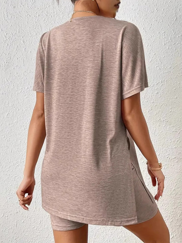 Loose Raglan Sleeve Solid Color Split-Joint Split-Side Round-Neck Pajama Sets