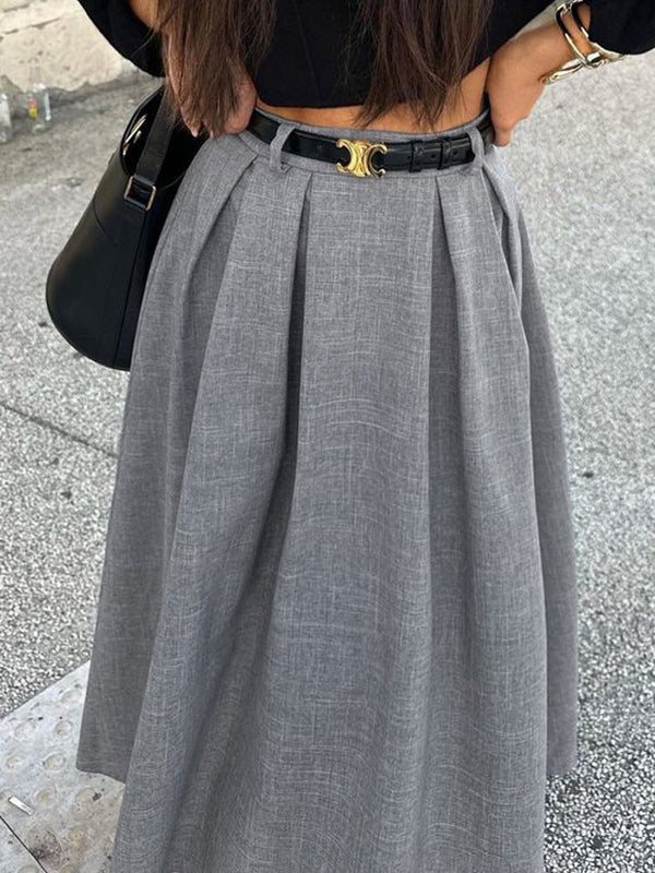 A-Line High Waisted No Belt Pleated Solid Color Skirts Bottoms