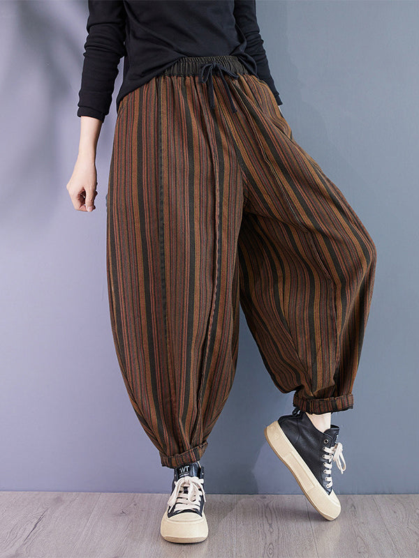 Harem Pants High Waisted Drawstring Elasticity Split-Joint Striped Pants Trousers