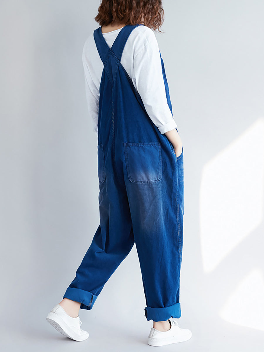 Women Retro Colorblock Autumn Denim Jumpsuits