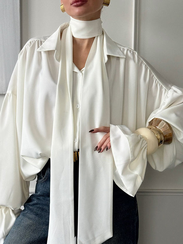 Flared Sleeves Long Sleeves Double Layered Elasticity Solid Color Tied V-Neck Blouses&Shirts Tops