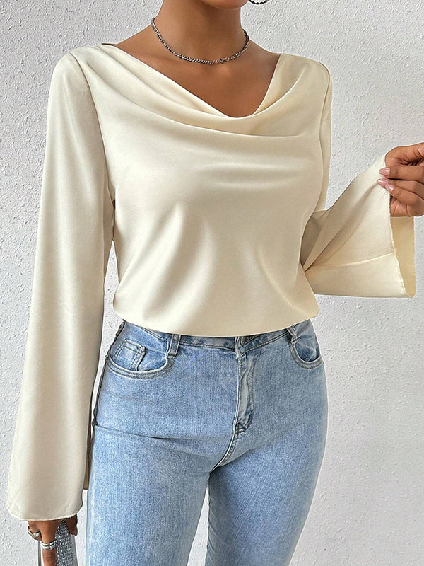 Long Sleeves Loose Solid Color Heaps Collar T-Shirts Tops