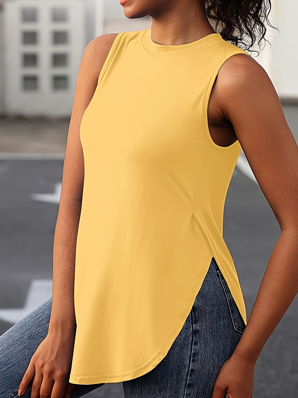 Loose Sleeveless Solid Color Split-Side Round-Neck Cover-Ups Tops Vest Top