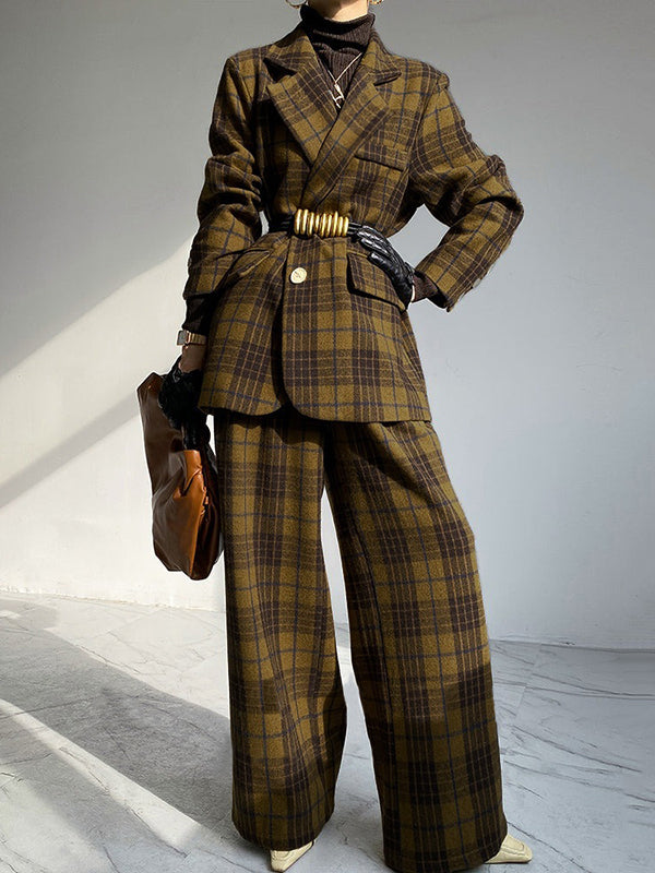 Plaid Split-Joint Lapel Jackets Woolen Coat