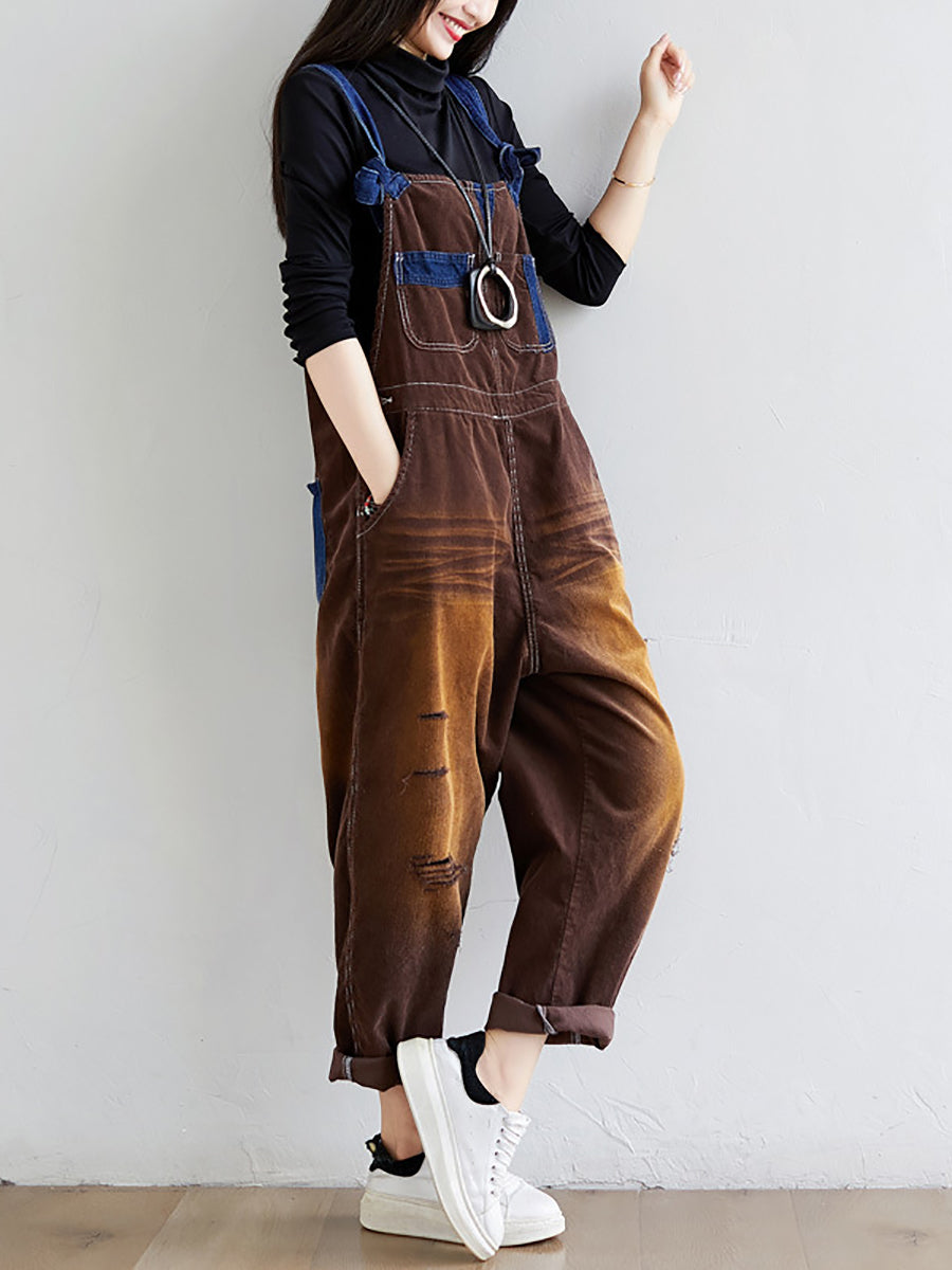 Women Retro Colorblock Autumn Denim Jumpsuits