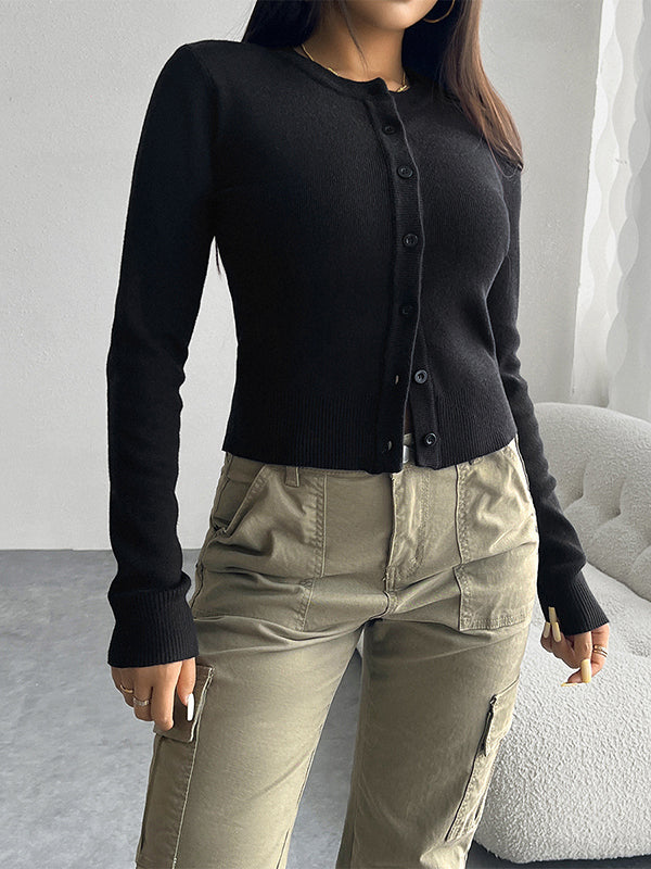 Long Sleeves Buttoned Solid Color Round-Neck Cardigan Tops