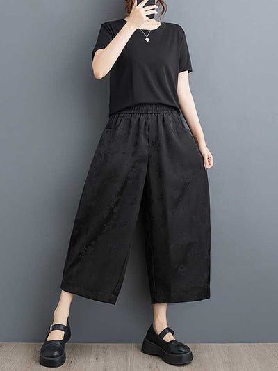 Harem Pants High Waisted Elasticity Jacquard Pockets Solid Color Ninth Pants Trousers