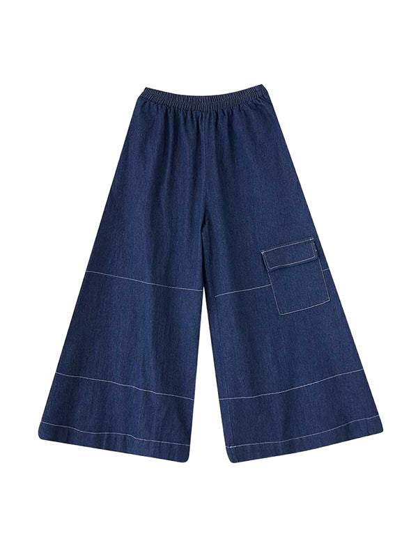 High Waisted Loose Elasticity Pockets Culotte Jean Pants Bottoms