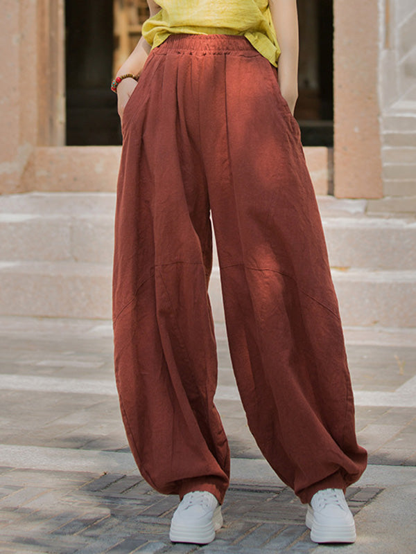 Loose Elasticity Pockets Solid Color Split-Joint Cropped Trousers Pants