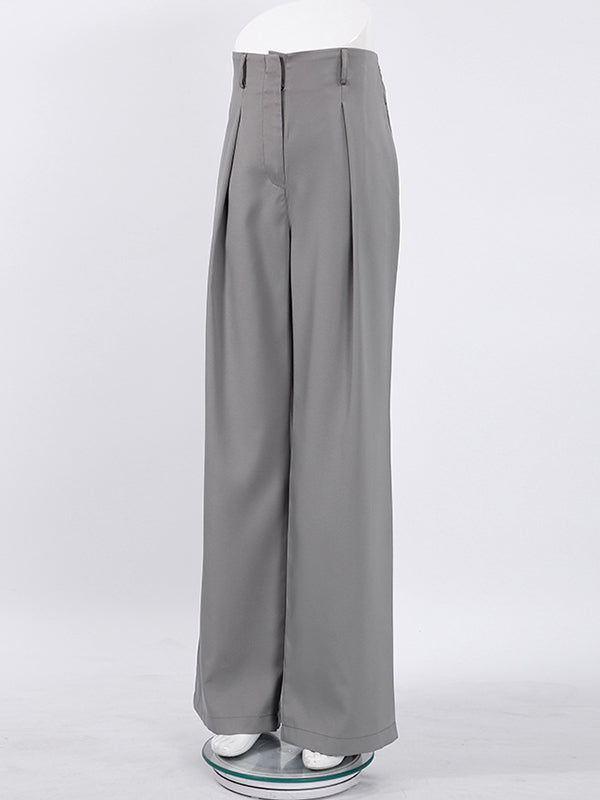 High Waisted Wide Leg Pleated Pockets Solid Color Suit Pants Trousers