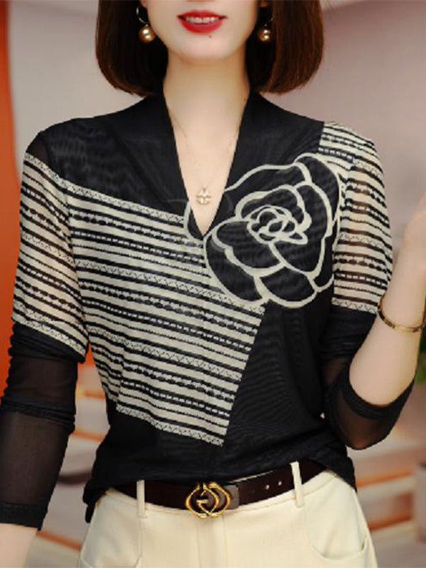 Long Sleeves Loose Flower Print V-Neck Blouses&Shirts Tops