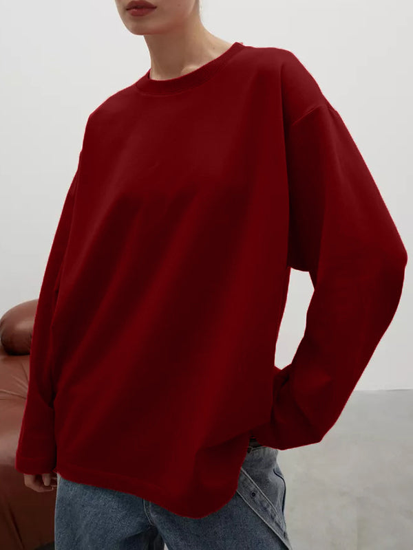 Long Sleeves Loose Solid Color Round-Neck T-Shirts Tops