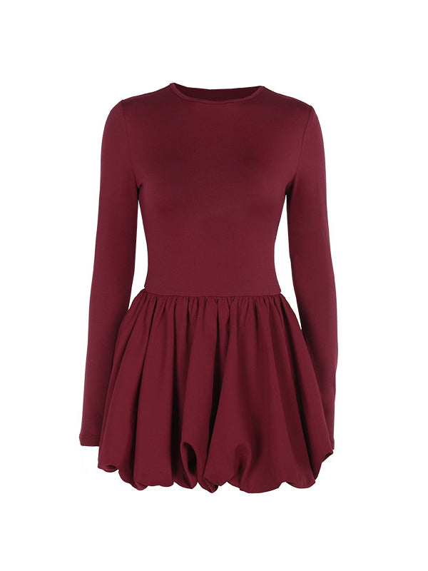 Long Sleeves Skinny Pleated Solid Color Split-Joint Round-Neck Mini Dresses