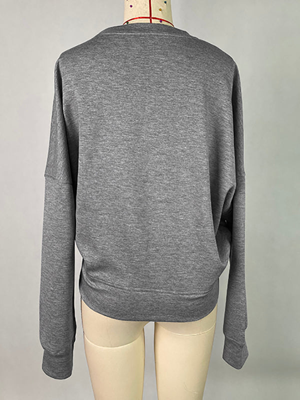 Long Sleeves Loose Belt Buckle Solid Color Round-Neck Sweatshirt Tops