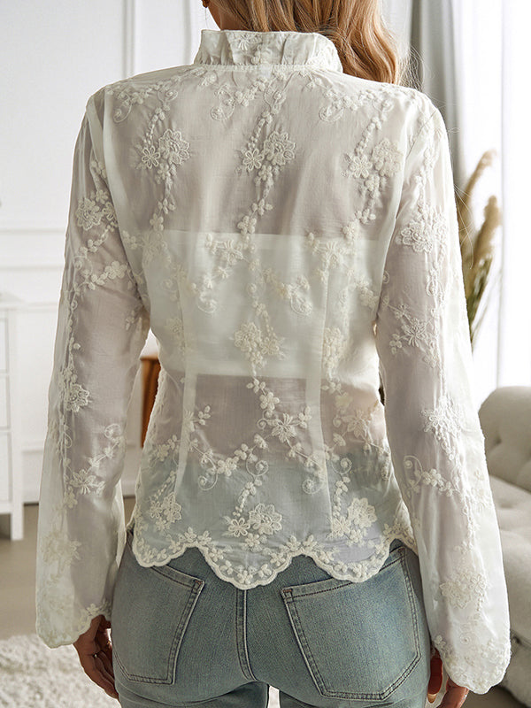 Long Sleeves Loose Embroidered Pleated See-Through Solid Color Tied Waist V-Neck Blouses&Shirts Tops